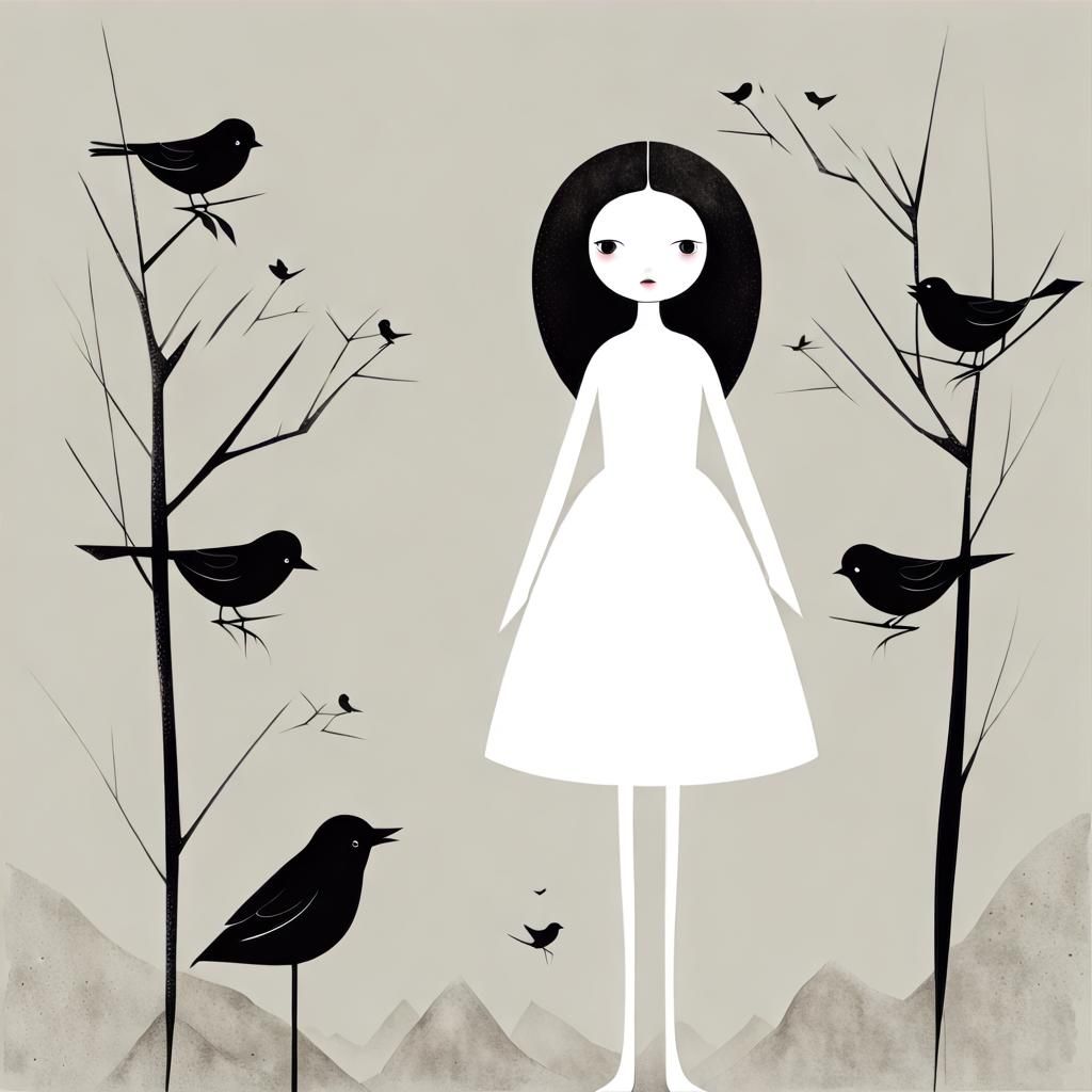 Minimalist Fairytale Illustration of Doll and Birds