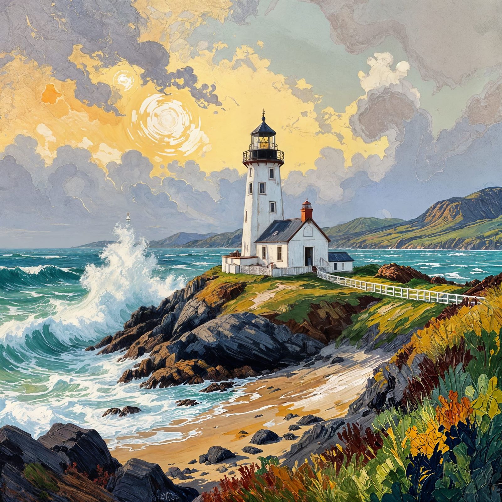 Island Lighthouse: Neo-Impressionist Expressionist Oil Paint...