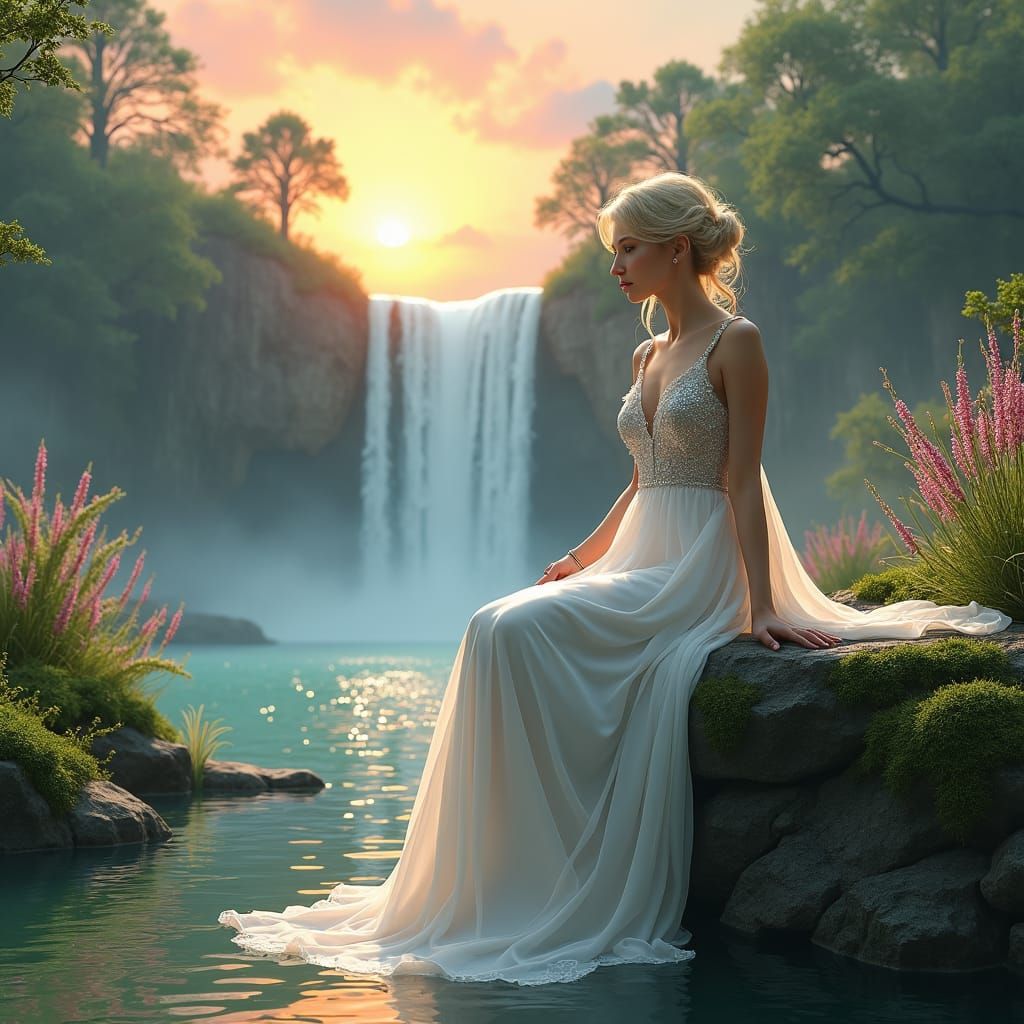 Ethereal Woman in White Gown at Waterfall