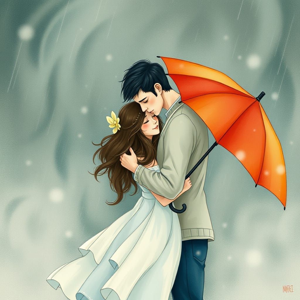 Whimsical Embrace During a Storm, Watercolor Art