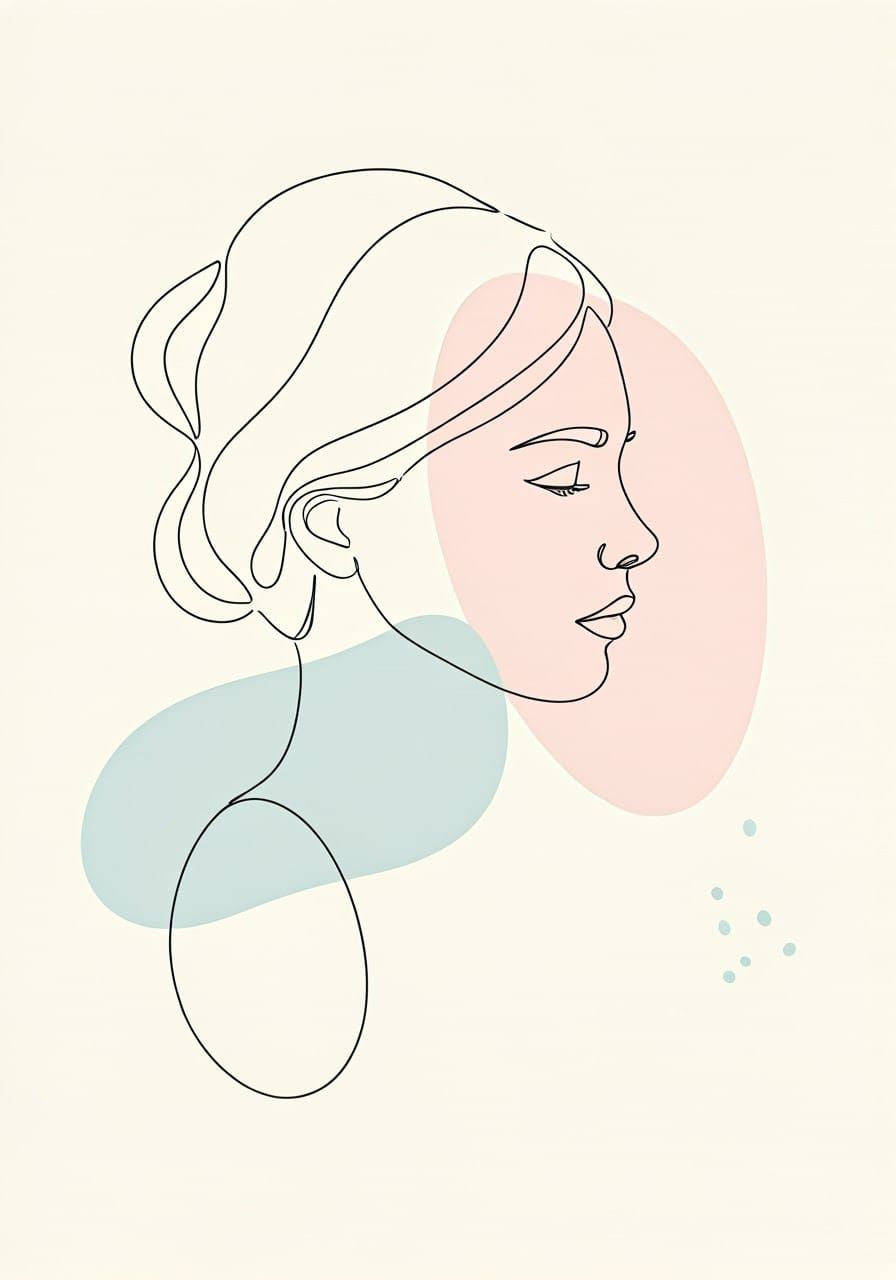 Elegant Line Drawing of Contemplative Woman in Soft Minimali...