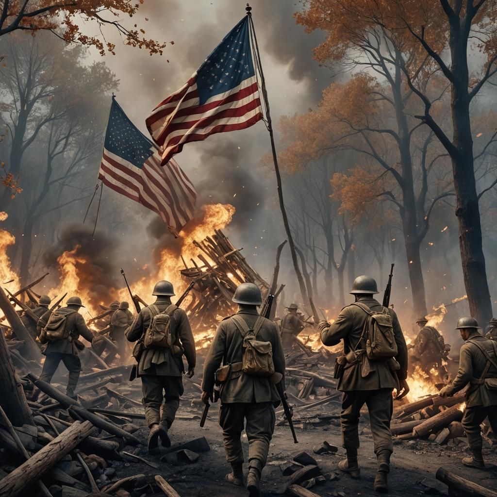 WW2 Soldiers Carry Flag in Firefight: Detailed Matte Paintin...