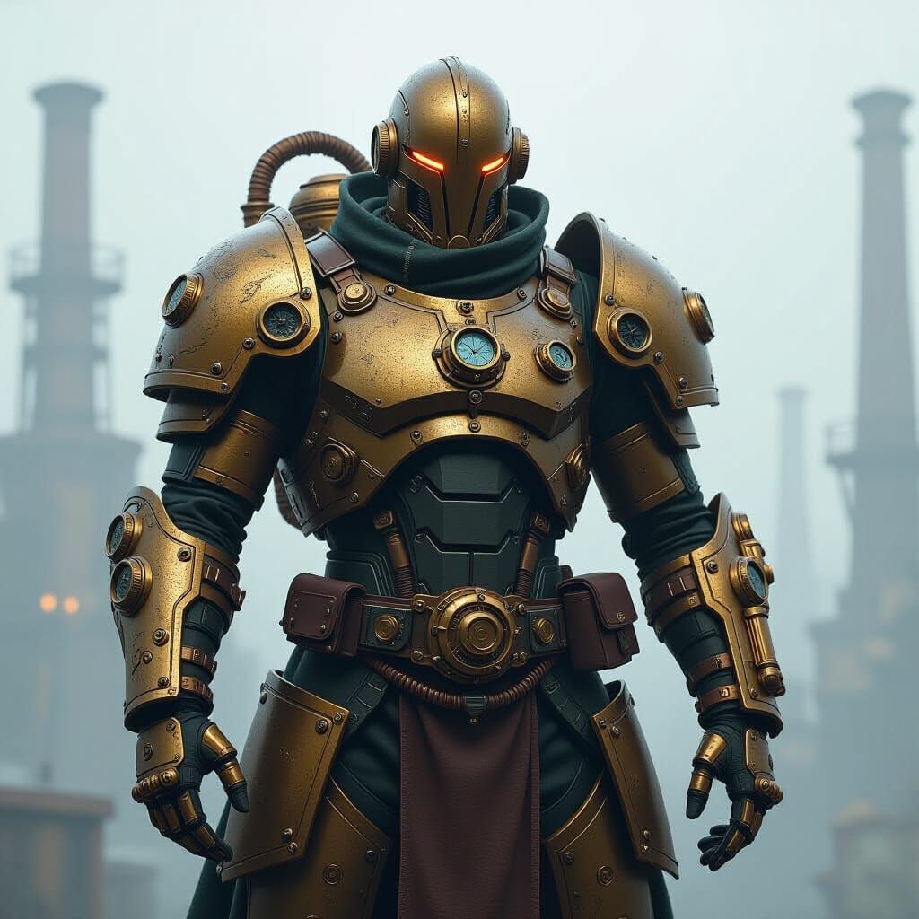 Steampunk Warforged Warrior in Industrial Setting