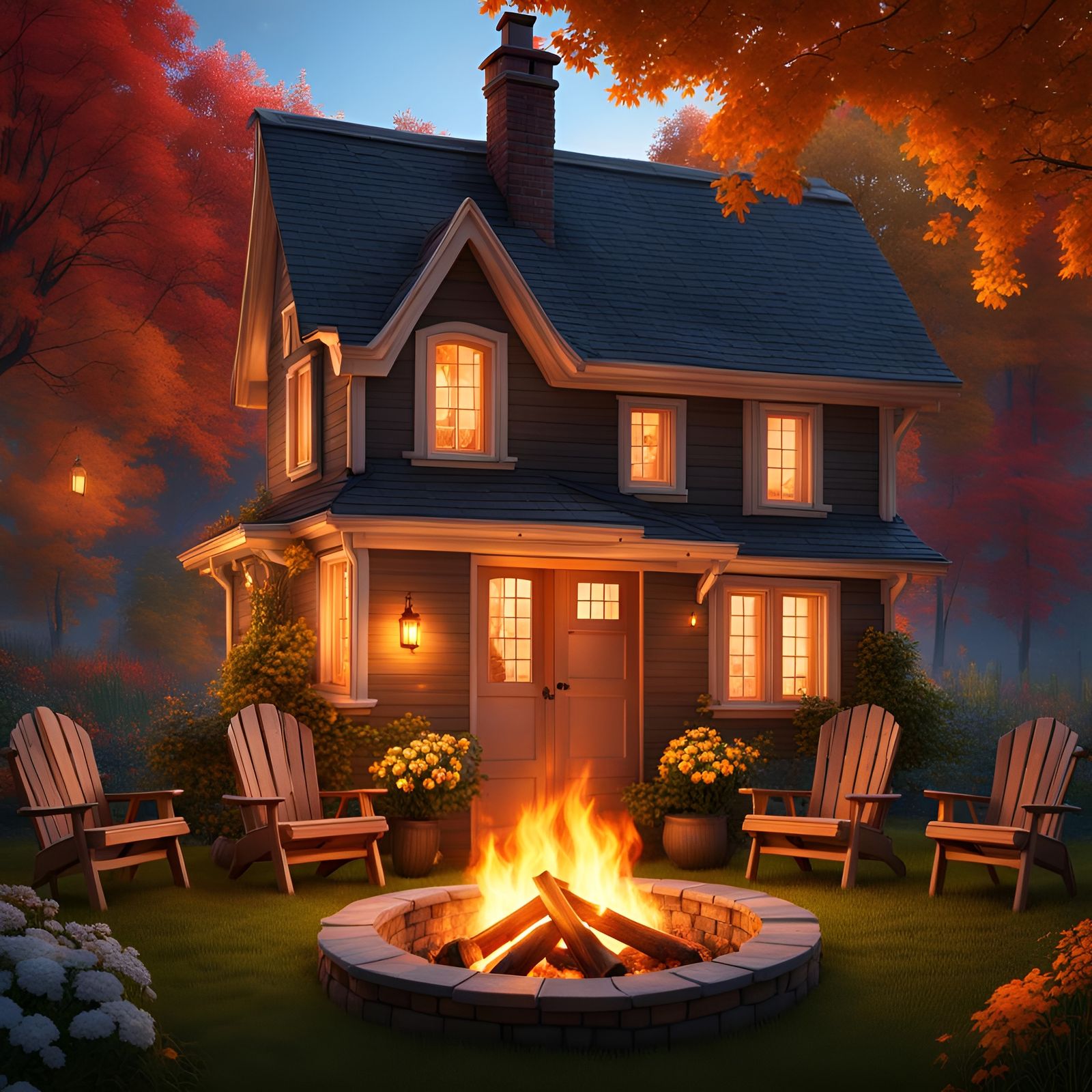 Cozy Home Ablaze in Autumn Night Sky