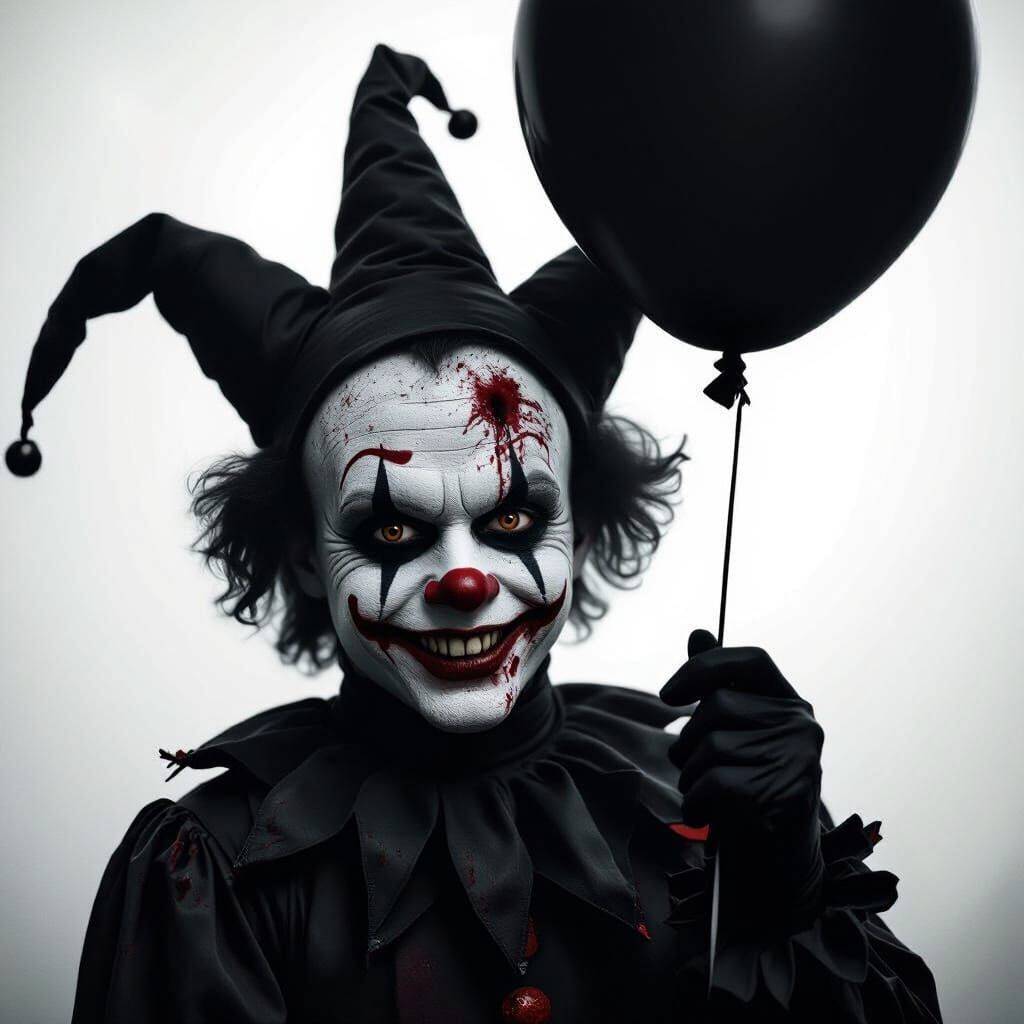 Creepy Jester with Blood-Splattered Balloon