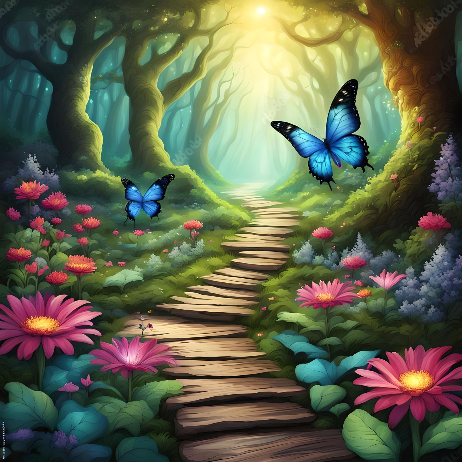 Path through beautiful fantasy forest, Beautiful fantasy butterfly, fantasy flowers, fantasy plants, pool,