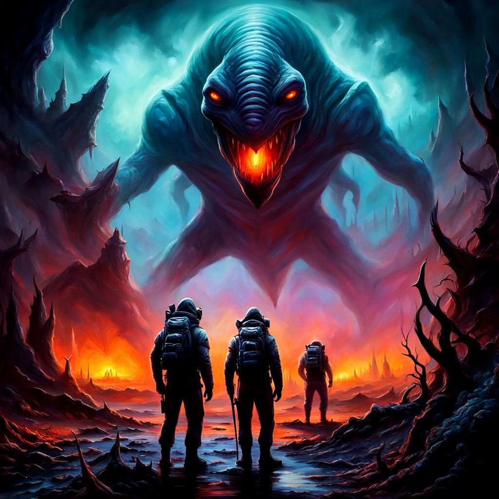 Ominous Portrait on Alien Planet as Oil Painting