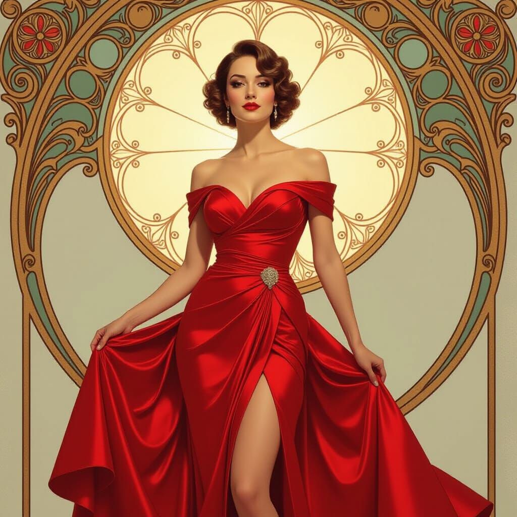 Elegant Woman in Red Dress with Luminous Reflections