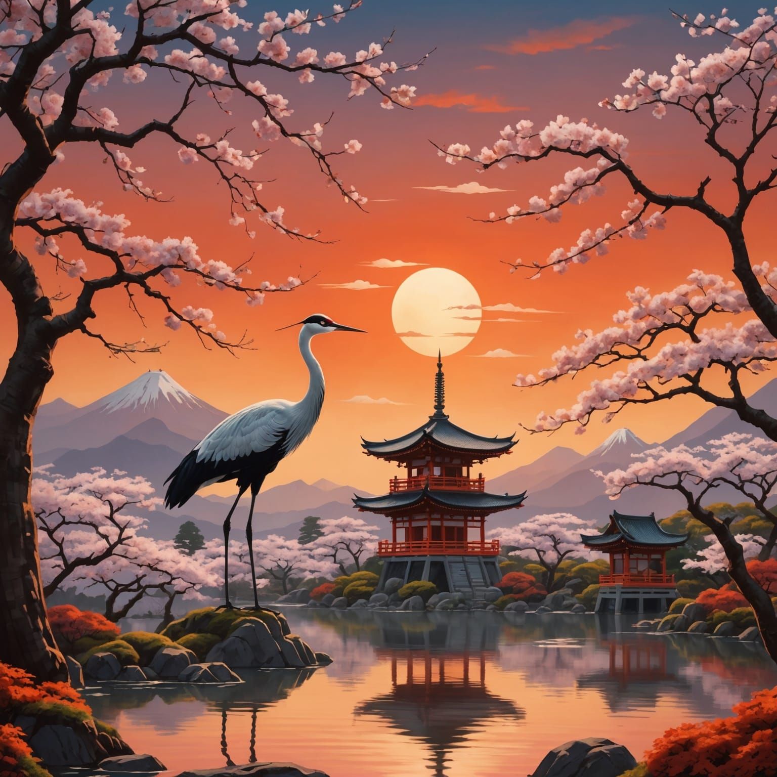 Japanese Crane and Pagoda Fantasy Concept Art