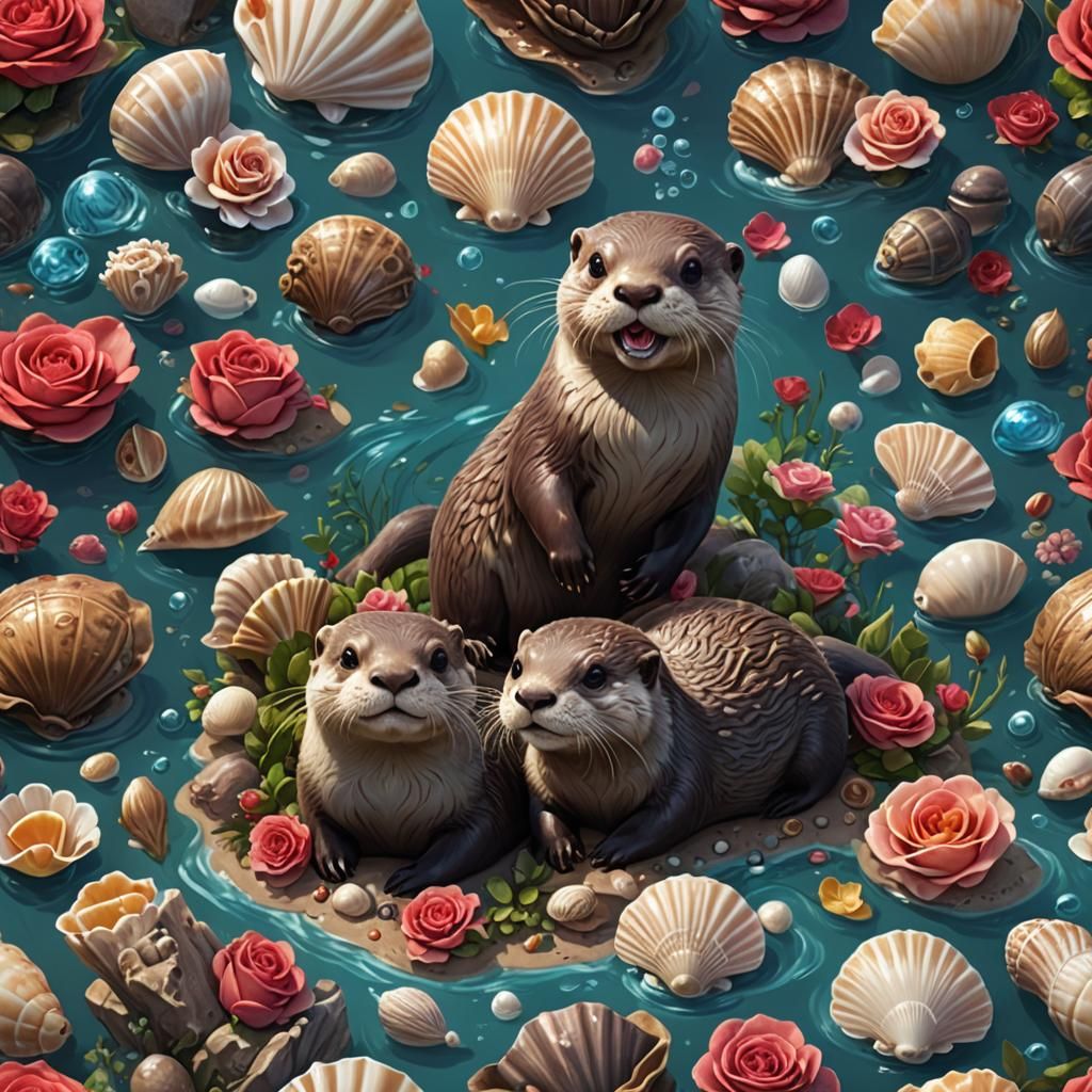 Happy Otter with Roses and Shells