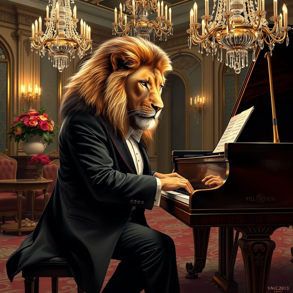 Lion in Tuxedo Plays Piano, Art Nouveau Style