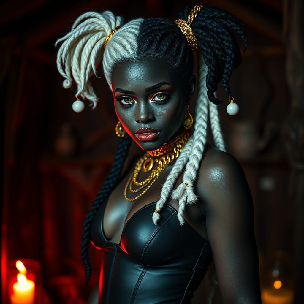 Hybrid Harley Quinn in Voodoo Shack, Hyperrealistic Style