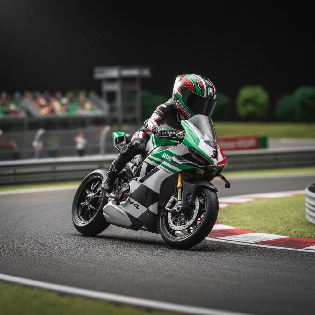 Cinematic Macro Shot of Miniature Ducati Biker on Toy Racetr...