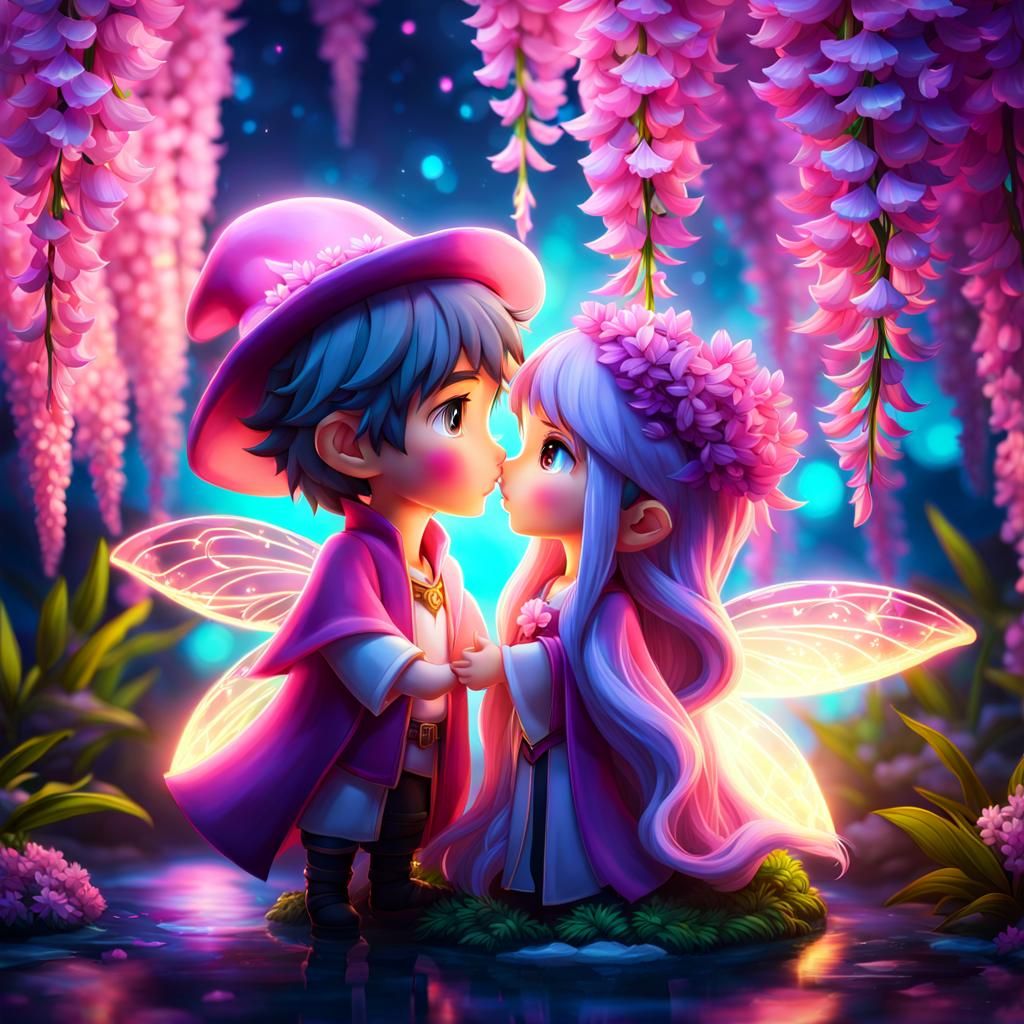 Chibi Fairy Mages Kissing Under Bioluminescent Wisteria
