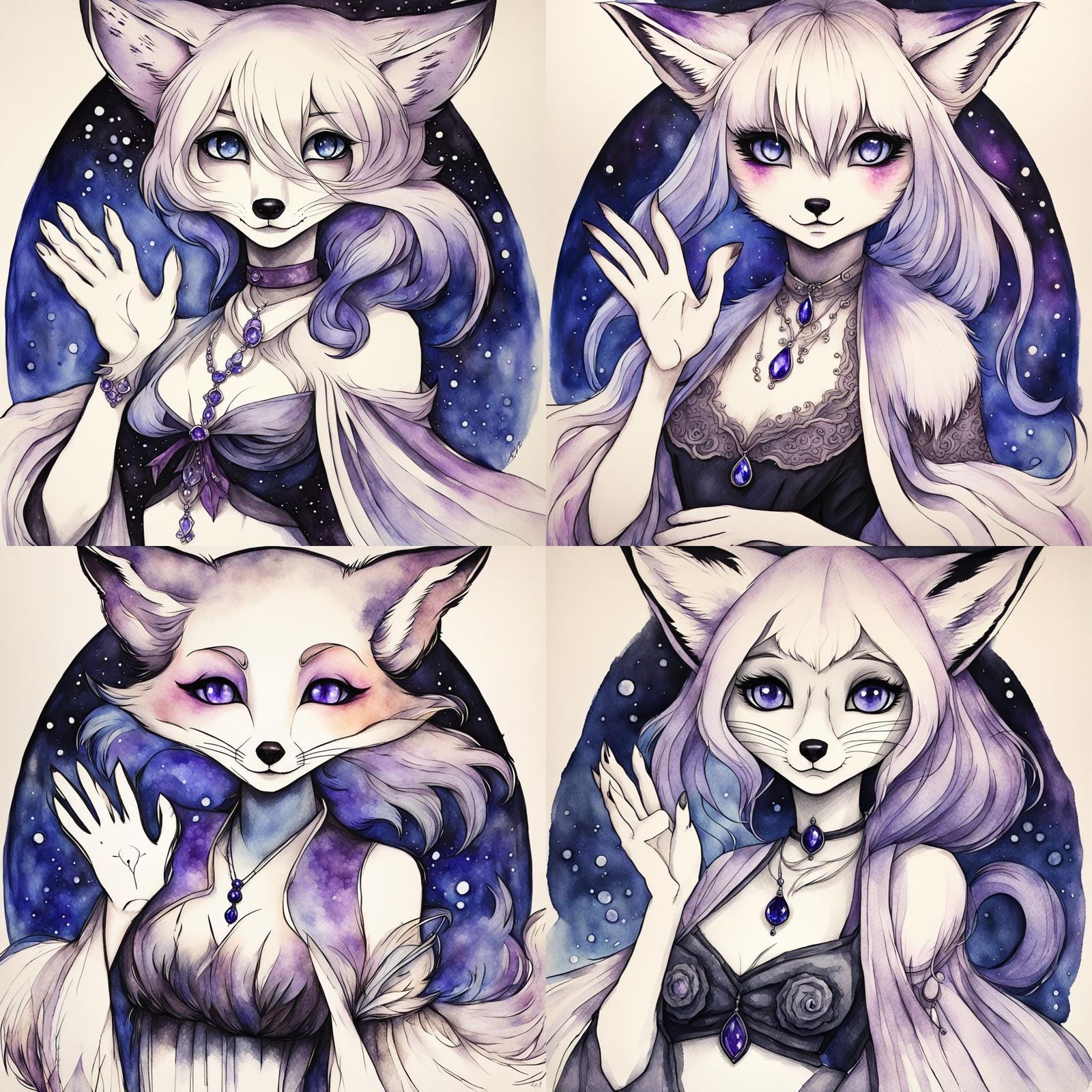 Enchanting Fox Girl Ink Painting in Anime Gothic Style