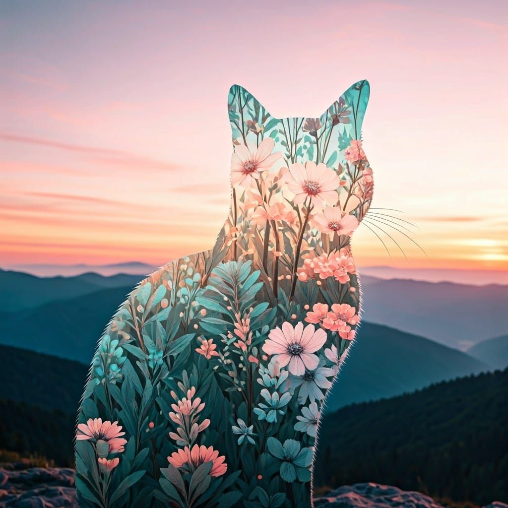 Cat Silhouette at Sunset in Impressionistic Style