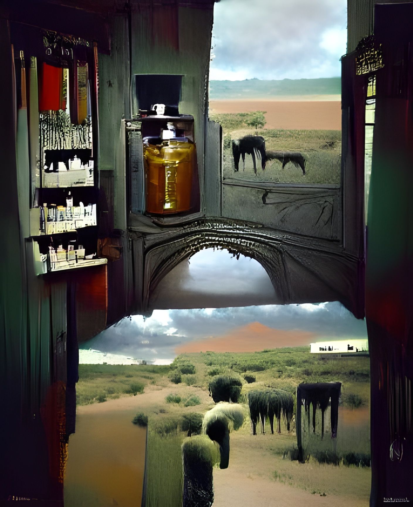Surreal Doorway with Wild Horses in Oil Painting Style
