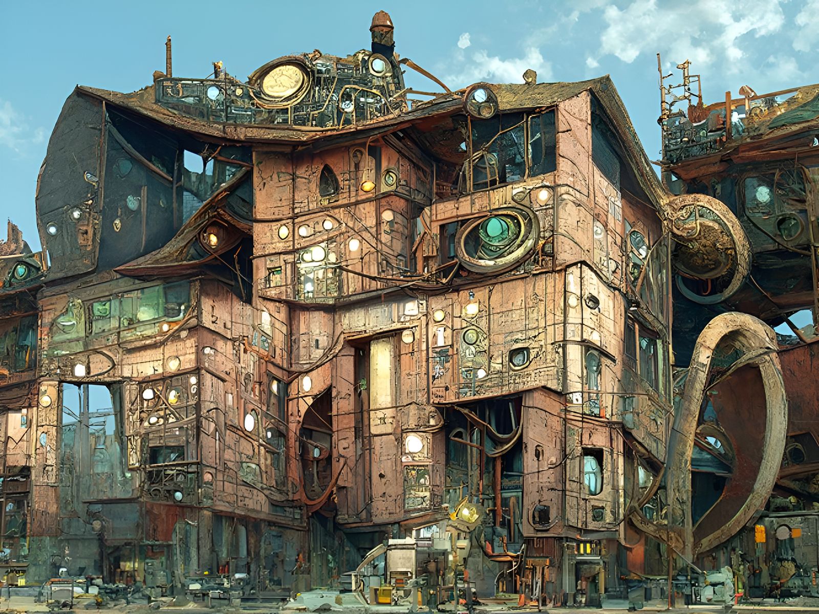 Dystopian Steampunk House Illustration in Cyberpunk Style