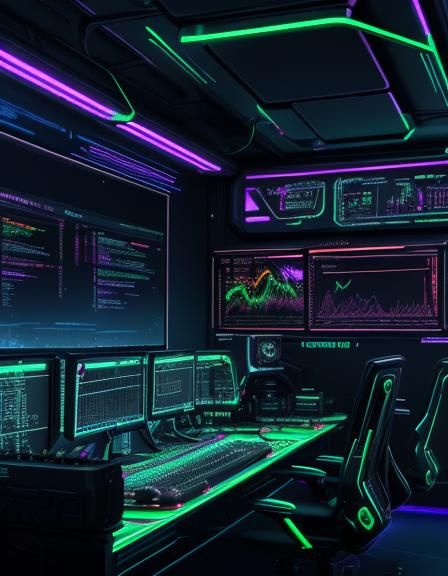 Cyberpunk Code Screens in Neon-Lit Tech Room