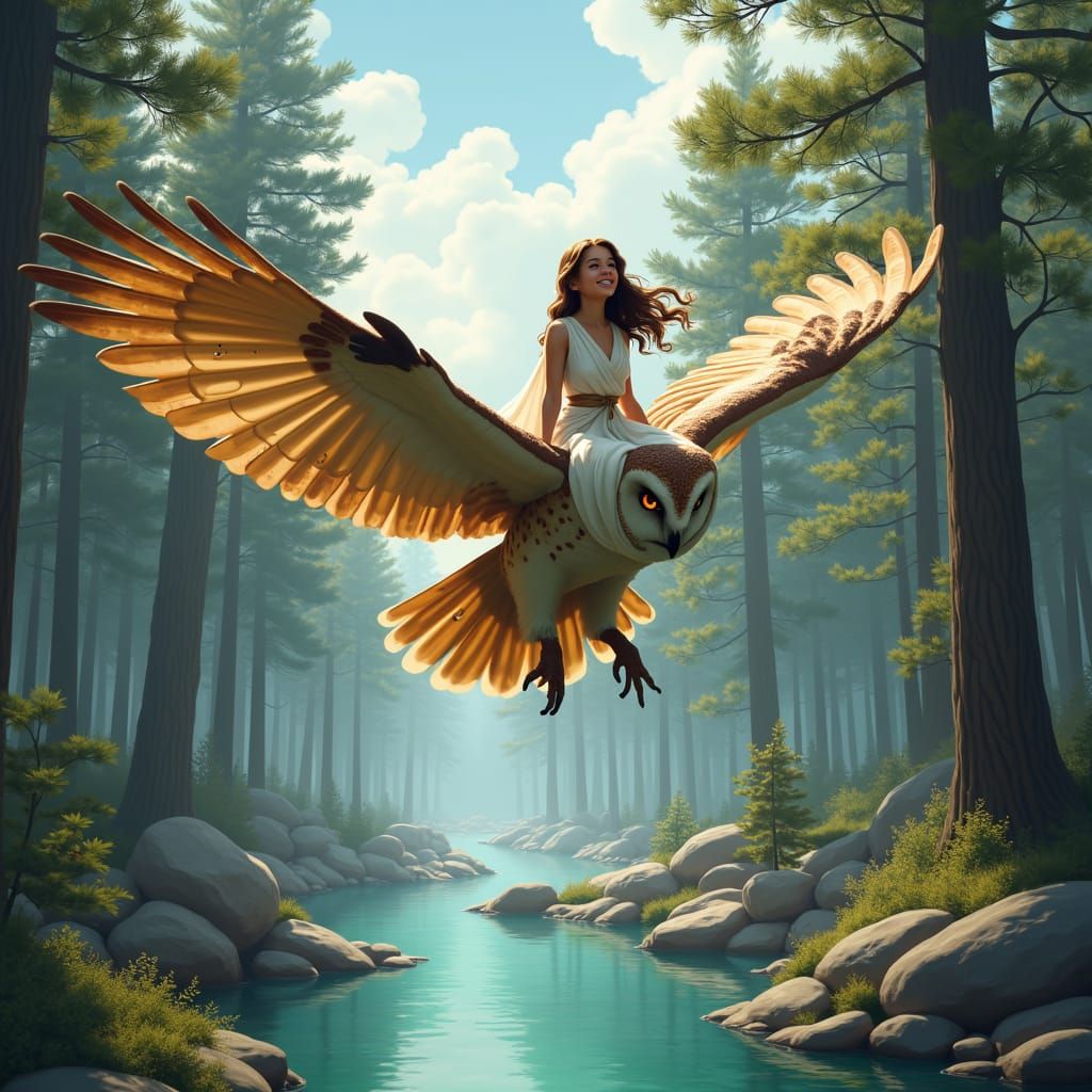 Girl on Owl Soaring Over Mystical Forest