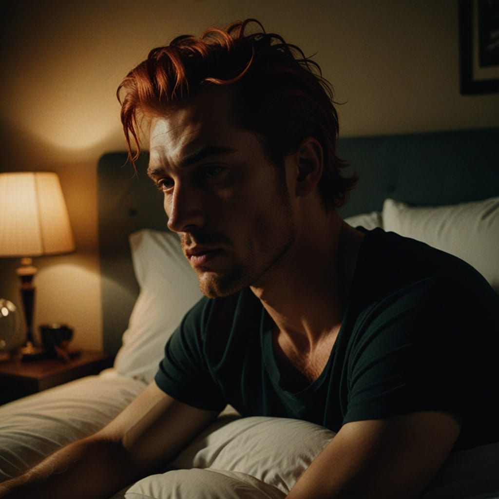 Red Ponytail Man Waking Up: A Film Noir Still