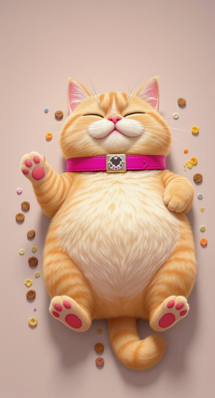 Chubby Cartoon Cat Surrounded by Cat Food in 3D