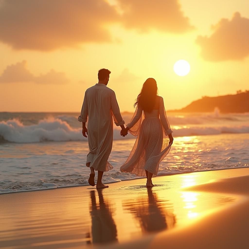 Sunset Stroll: Coastal Figures in Golden Light