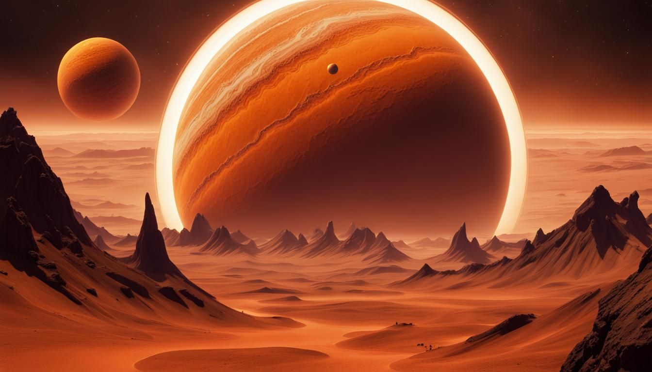 Surreal Orange Planet with Rings and Moons