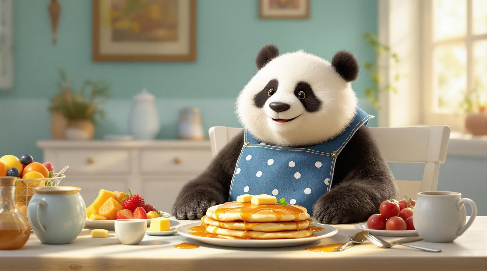 Sunny Panda Enjoying Pancakes in Cozy Dining Room