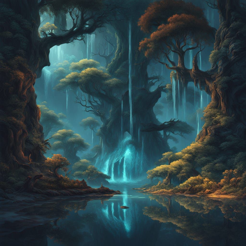 Bioluminescent Jungle at Midnight with Starlight Figure