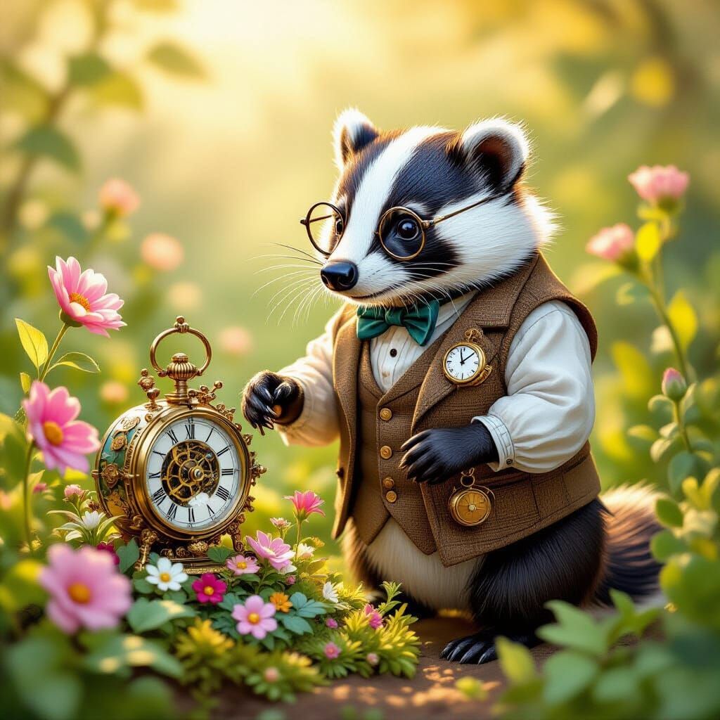 Clockwork Garden Badger in Fairy-Tale Style