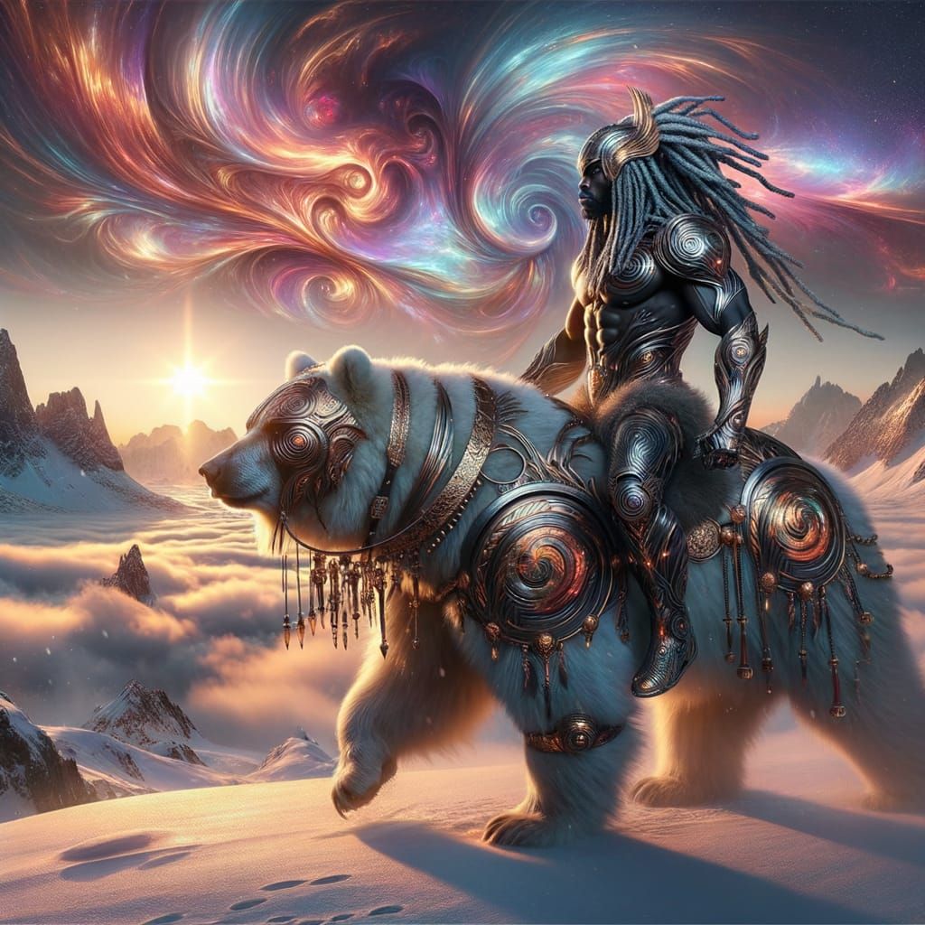 Warrior on Arctic Bear in Snowy Peaks, Futuristic Style