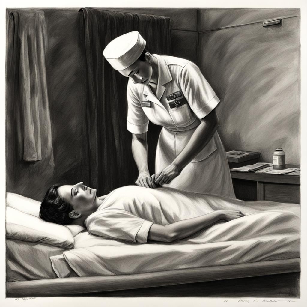 WWII Nurse Comforting Patient: Charcoal Drawing