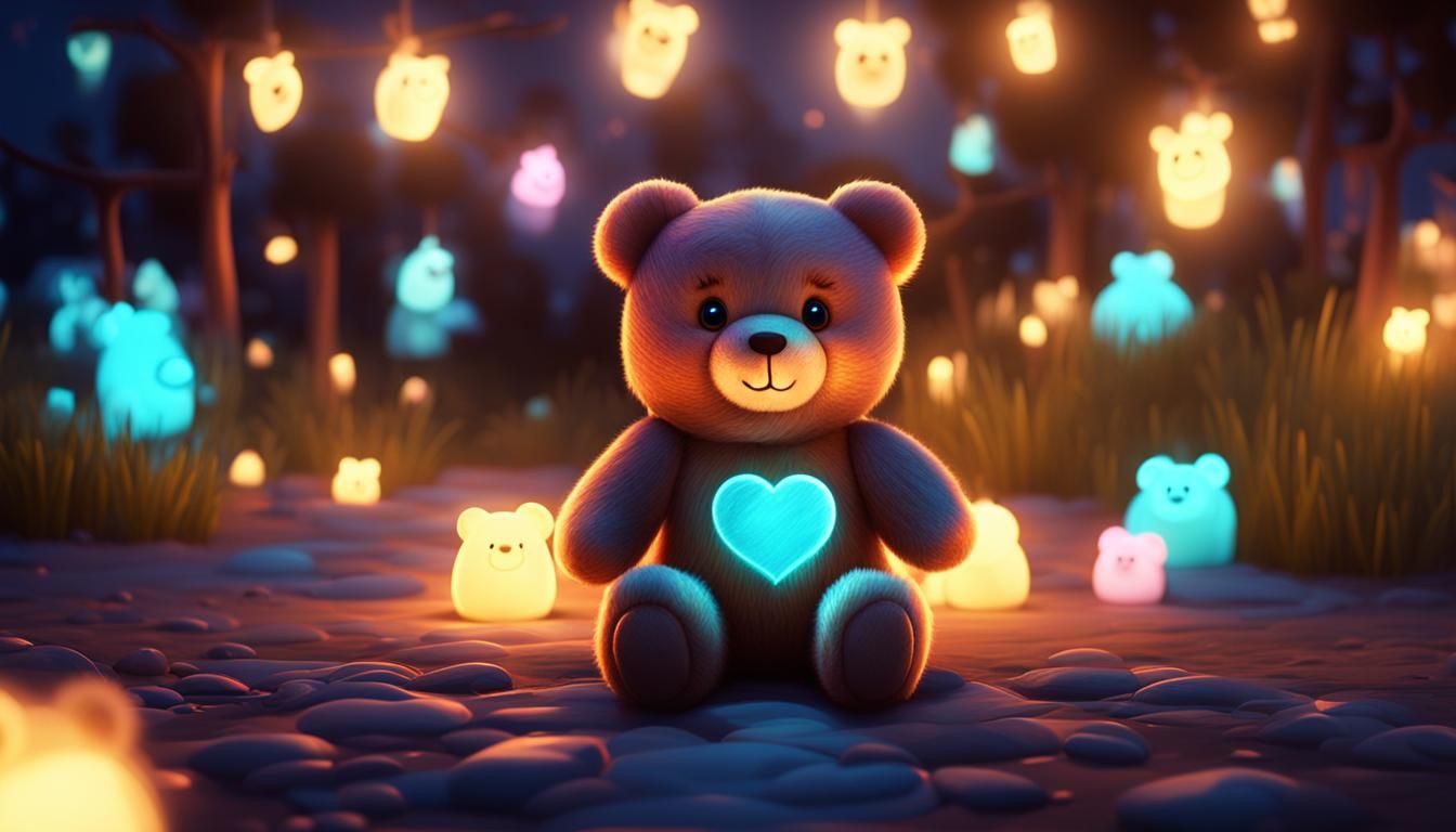 cute luminescent bear, glowing night love theme, hdr, unreal...