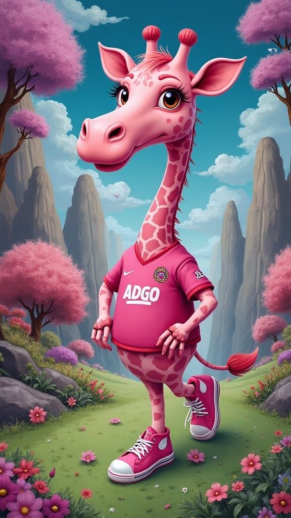 Pink Giraffe in Dream Landscape: 3D Caricature