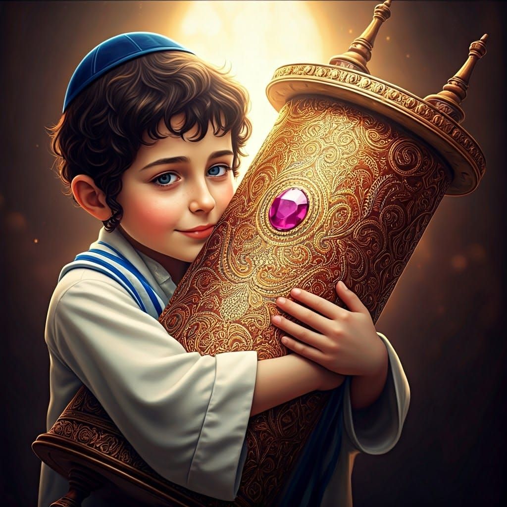 Torah Scroll Tenderly Embraced by a Young Jewish Boy in a Dr...
