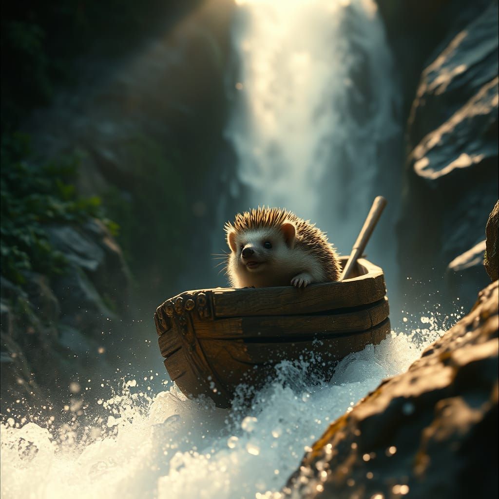 Whimsical Hedgehog Plunges Down Mystical Waterfall in a Grit...