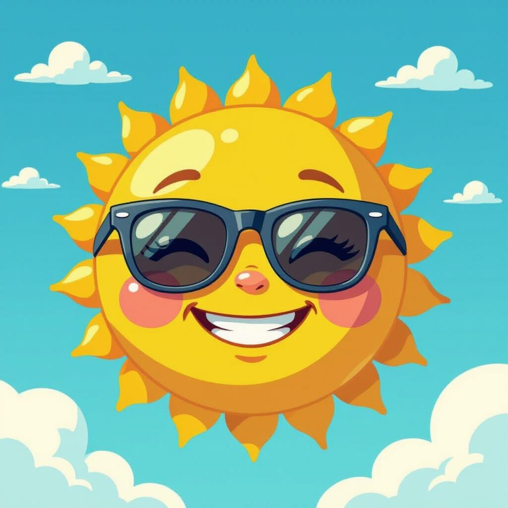 Smiling Cartoon Sun with Sunglasses on Blue Sky