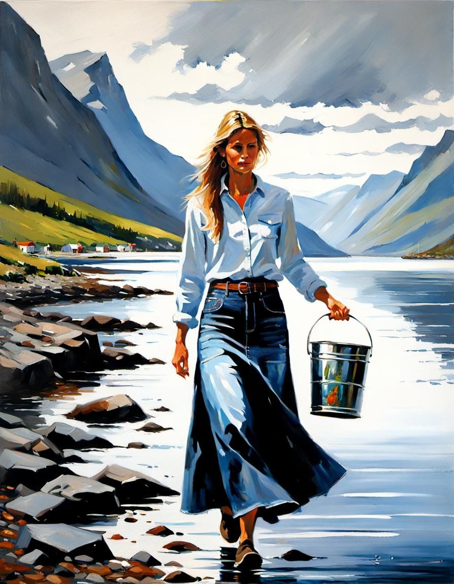 Norwegian Woman with Bucket in Acrylic Painting Style