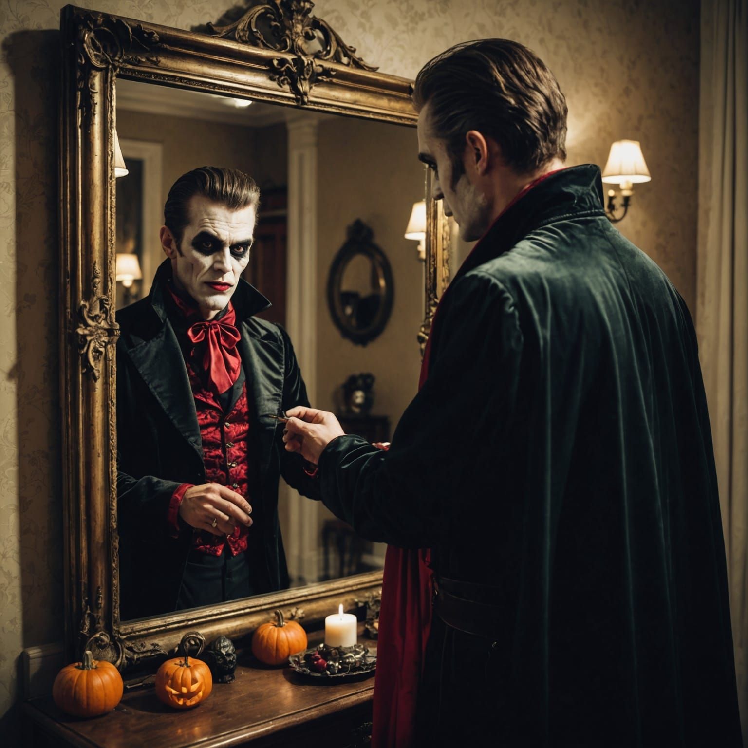 halloween, a man dressed in a crazy vamp outfit admires his ...