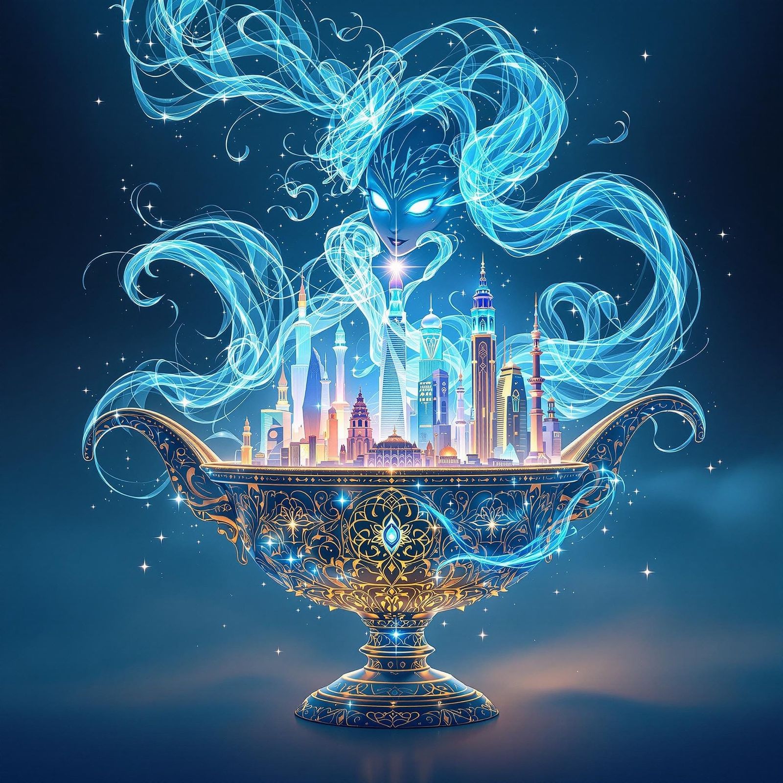 Cerulean Genie Emerges from Ancient Lamp in Futuristic, Cybe...