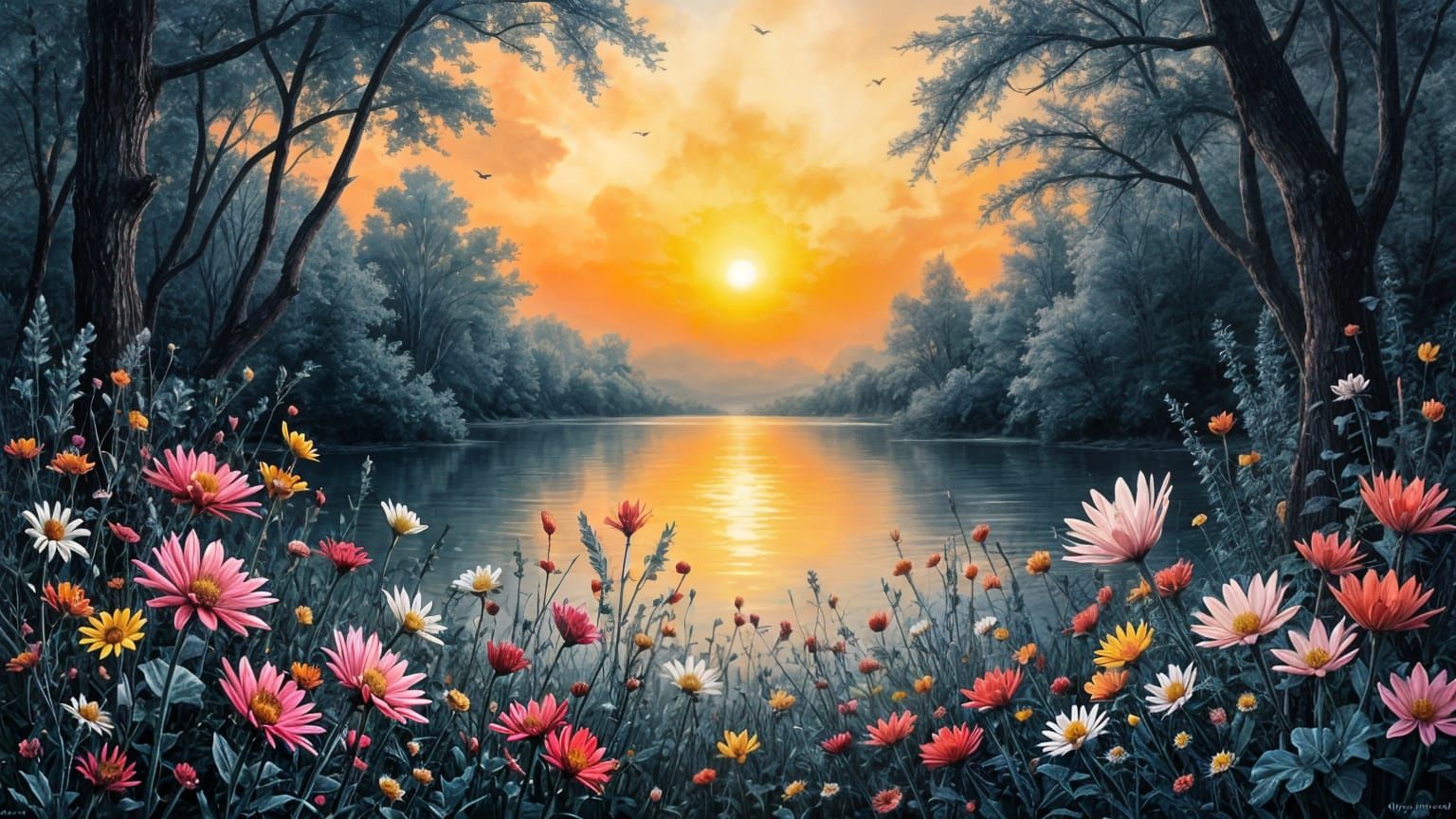 Majestic Charcoal Lake Scene with Vibrant Sunset