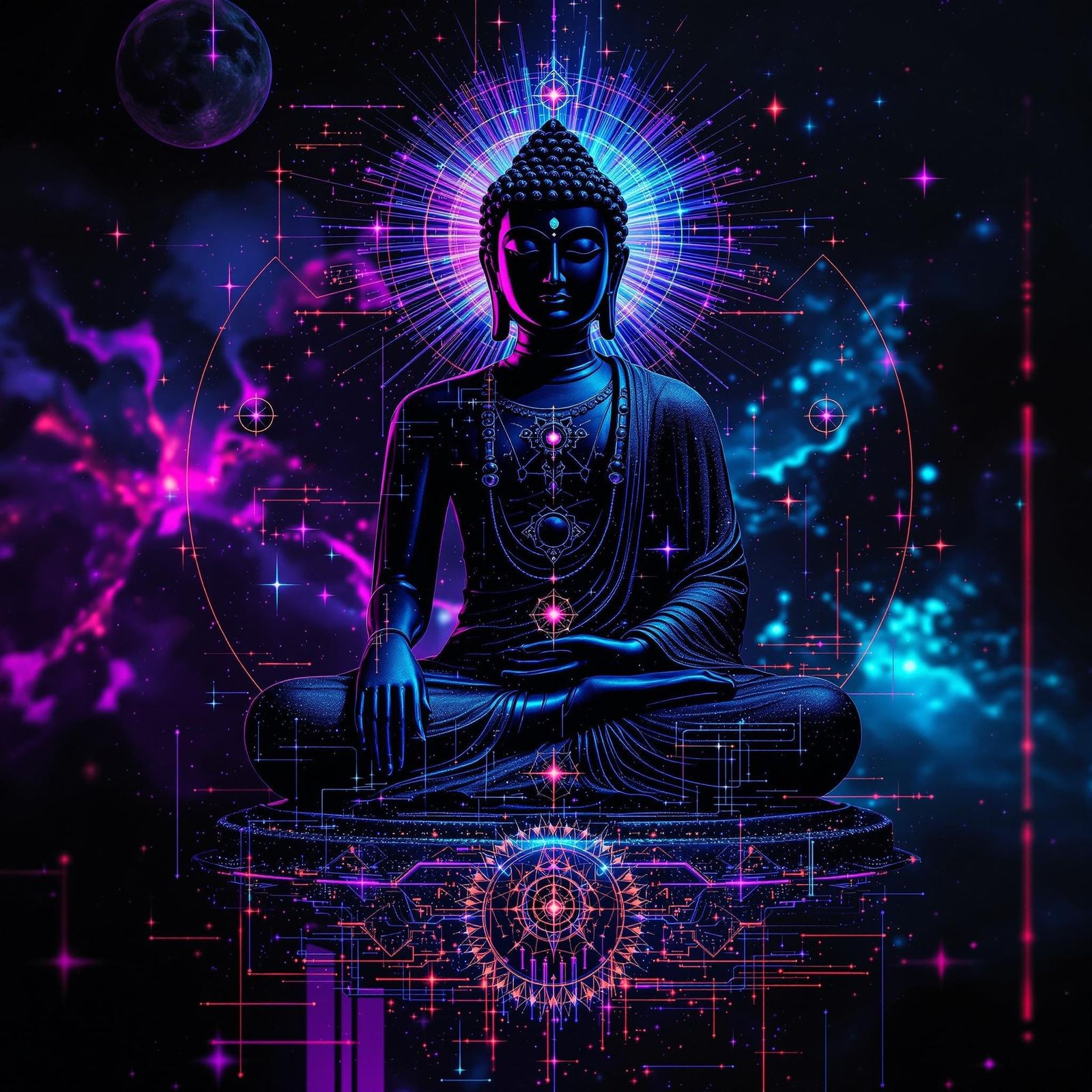 Indigocore Buddha with Glitch and Constellations