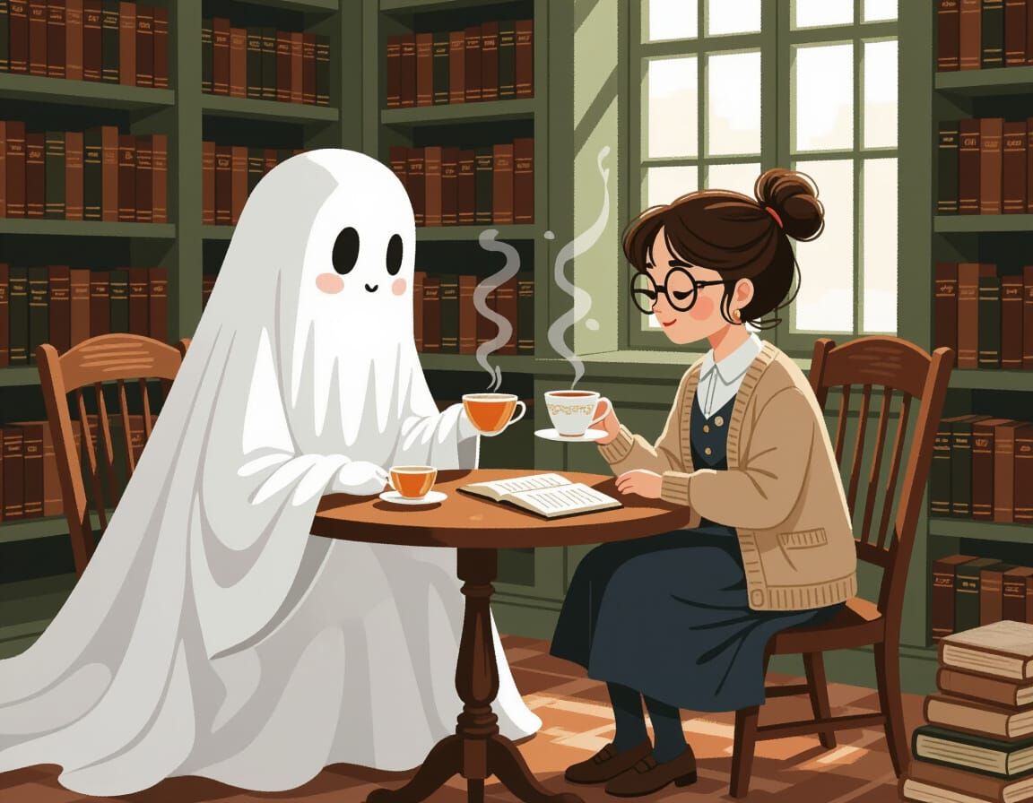 Ghost and Tiny Librarian Share Tea in Cozy Library