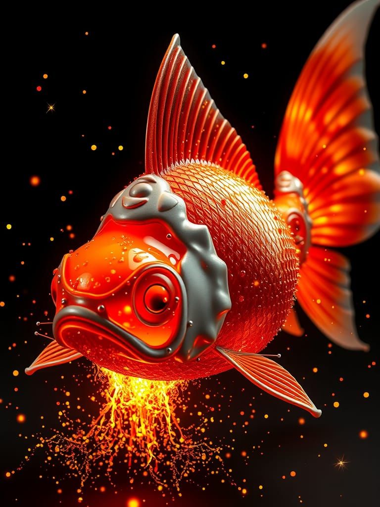Dramatic Molten Metal Goldfish in Fiery Light