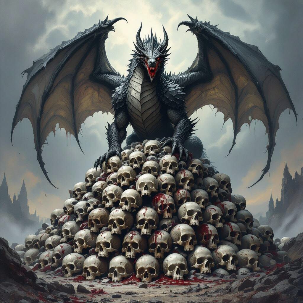 Victorious Dragon on Skull Mountain in Gothic Style