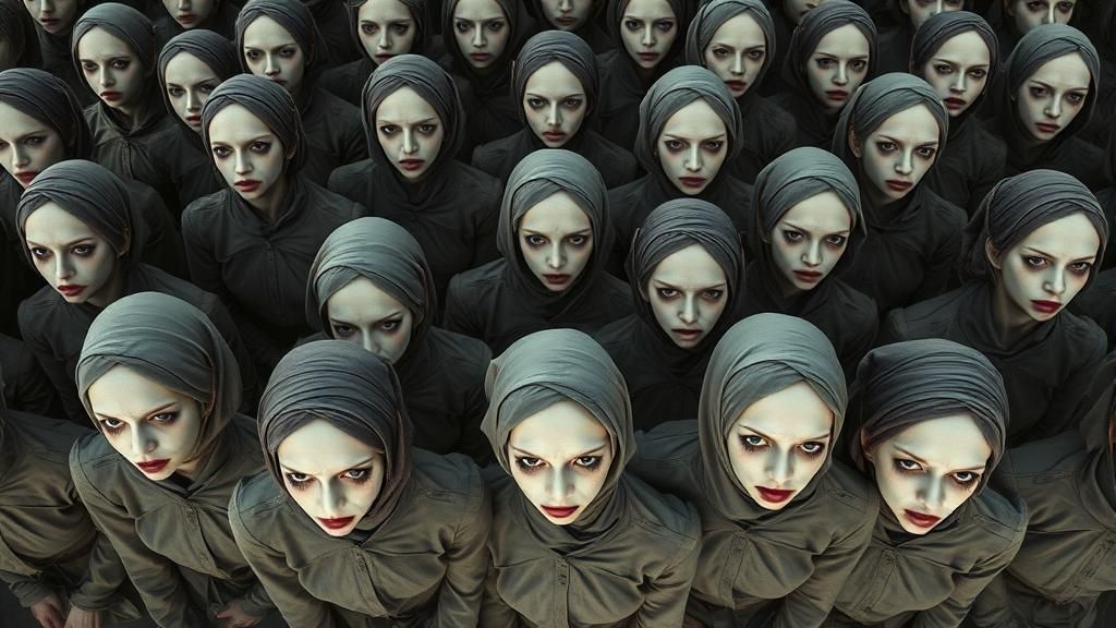 Unsettling Gaze: Surreal Figures in Dreamlike Scene