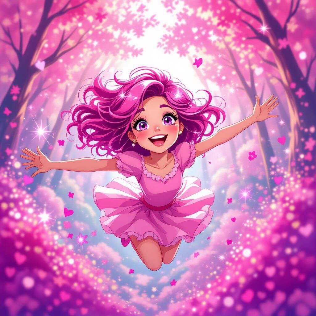 Pink Pixie Flying Through Glitter Forest, Dreamy Art