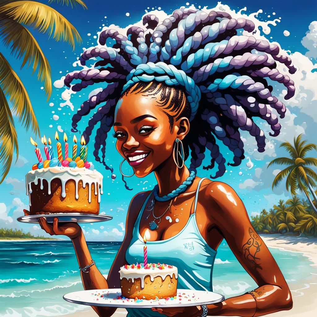 Birthday Coconut Cake on Bahamas Beach in Graffiti Art