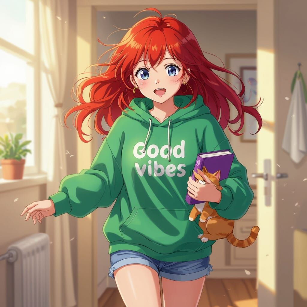 Teenage Girl With Red Hair And Cat In Anime Style